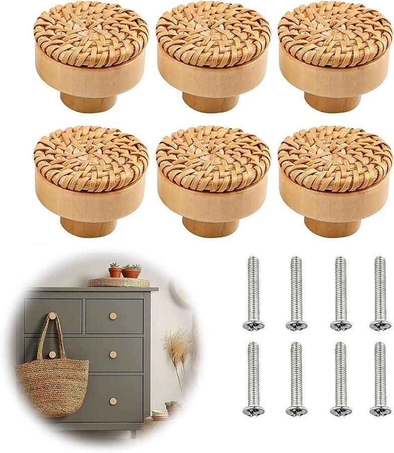 Allecto Plus Rotan meubelknoppen set van 6 stuks 40 mm Hout Boho-decoratie Kastknoppen Commodeknoppen Natuurlijke meubelknoppen Voor kasten laden woonkamer en keukenkasten Inclusief schroeven