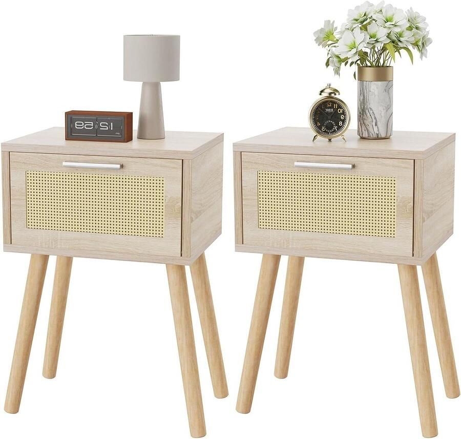 Allecto Plus Rotan nachtkastjes set van 2 Boho bijzettafels met magnetische lade Massief houten poten 35 x 40 x 56 cm Banktafel salontafel Woonkamer kantoor slaapkamer Natuurlijke sfeer en stijlvol design