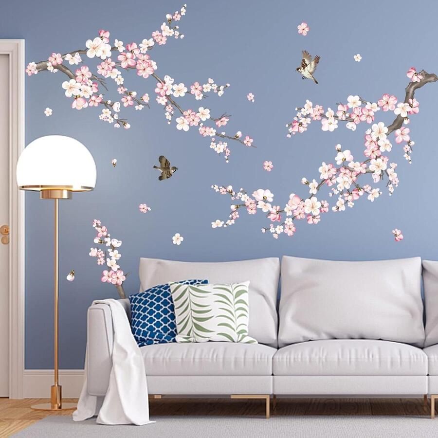 Allecto Plus Roze kersenbloesem muursticker voor woonkamer en slaapkamer Vogels op boom tak Wanddecoratie voor bank achtergrond Sfeervolle muurdecoratie met bloemen 80x120cm