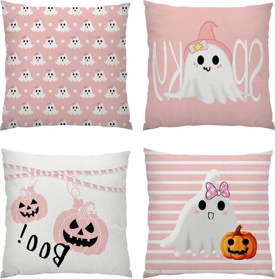 Allecto plus Roze Pompoen Kussensloop Set van 4 18 x 18 Inch Halloween Decoratie voor Woonkamer Feest Sofa & Bed Schattig Gestreept Design