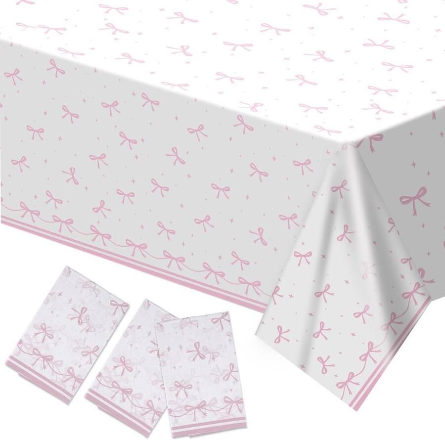 Allecto plus Roze Strik Tafelkleed Set van 3 Waterdicht Voor Coquette Verjaardagsfeest Schattige Tafeldecoratie met Strikmotief Geschikt voor Bruids- en Babyshower Vrijgezellenfeest Benodigdheden