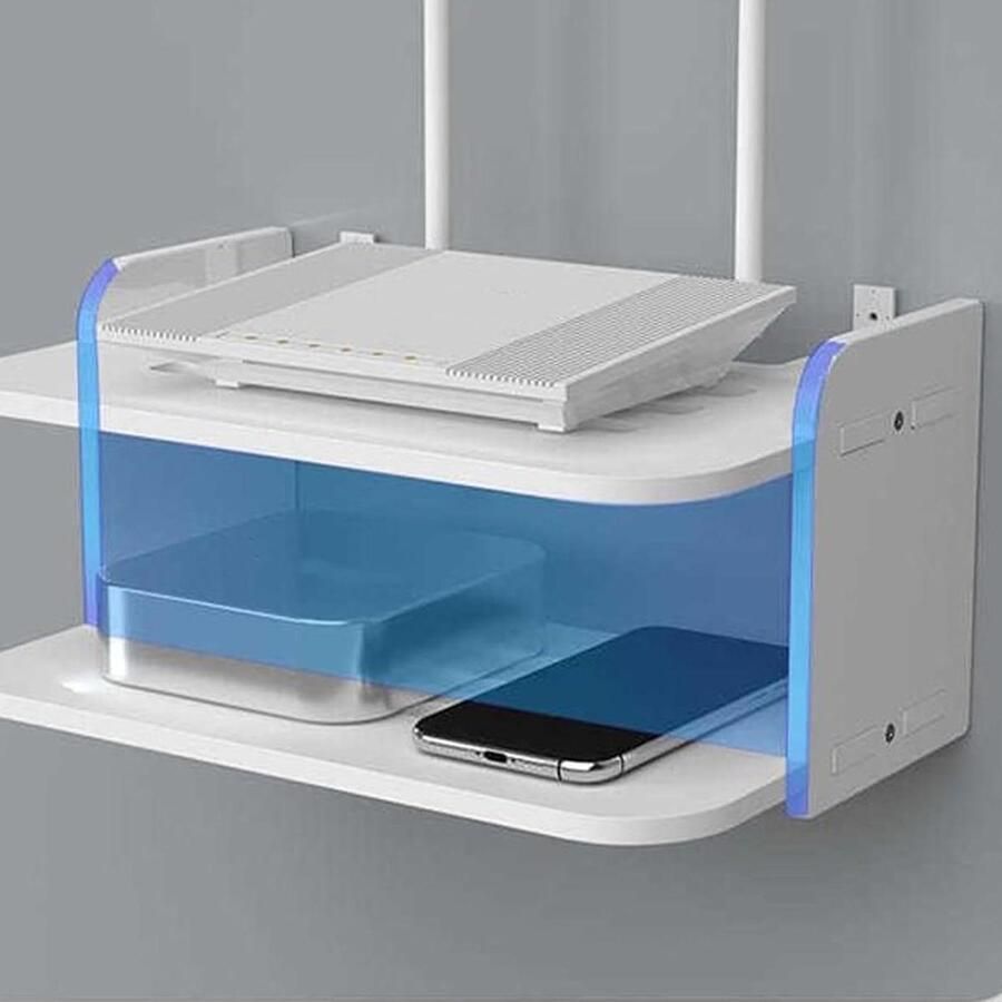 Allecto Plus Ruim Wandrouterrek voor Wifi-router en TV-decoder Ponsvrij Opbergdoos Zwevend Wandrek Tv-wandrek met 2 Extra Zoekwoorden