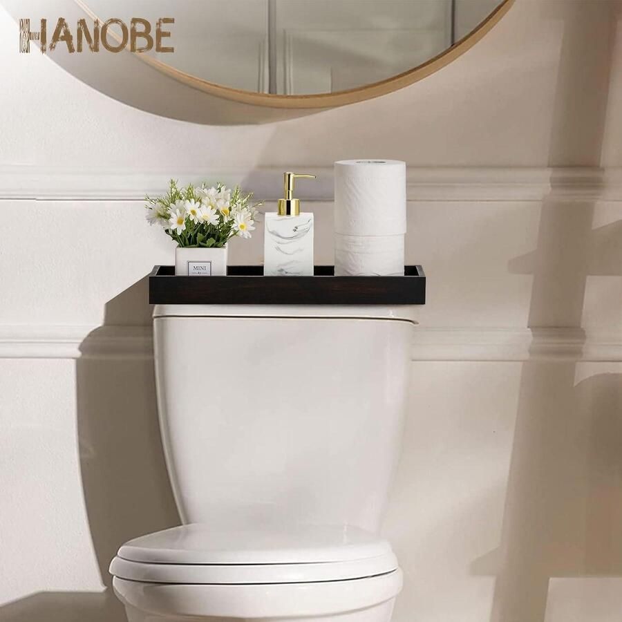 Allecto plus Rustiek houten dienblad met handgrepen Decoratief serveerstuk voor thuis Decor rechthoek Kaarsenhouder Zwarte en bruine salontafel badkameraccessoire Lange smalle vorm