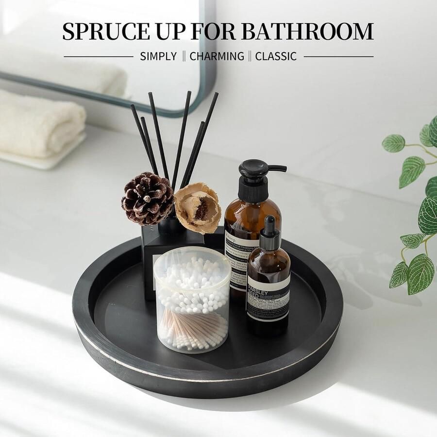 **Allecto plus Rustiek houten dienblad met ronde kandelaar voor decoratie thuis Vintage boerderij stijl Salontafel accessoire in zwart (1 stuk)**