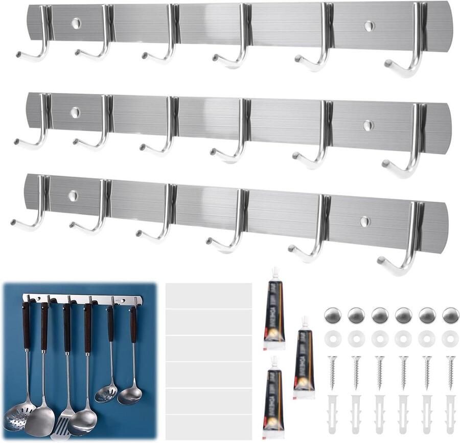 Allecto Plus RVS Wandkapstok met 6 Haken Waterdicht en Oliebestendig Zwart Voor Slaapkamer en Badkamer