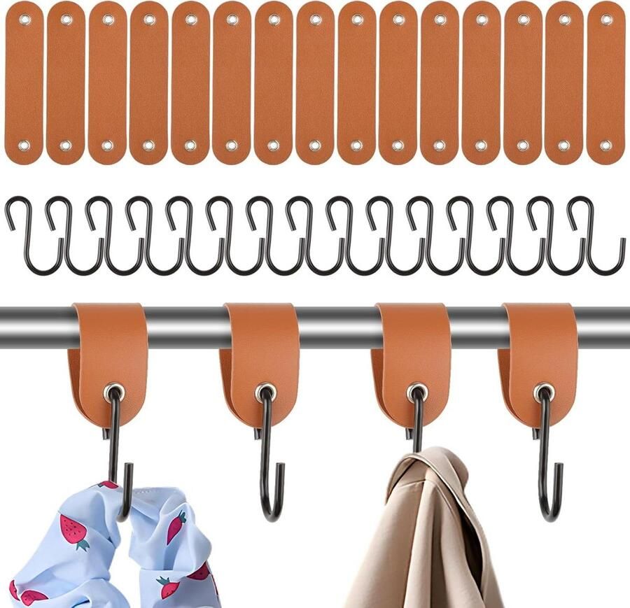 Allecto Plus S-haken Set van 15 stuks met leren lus in bruin Multifunctionele garderobe haken voor kledingkast keuken camping