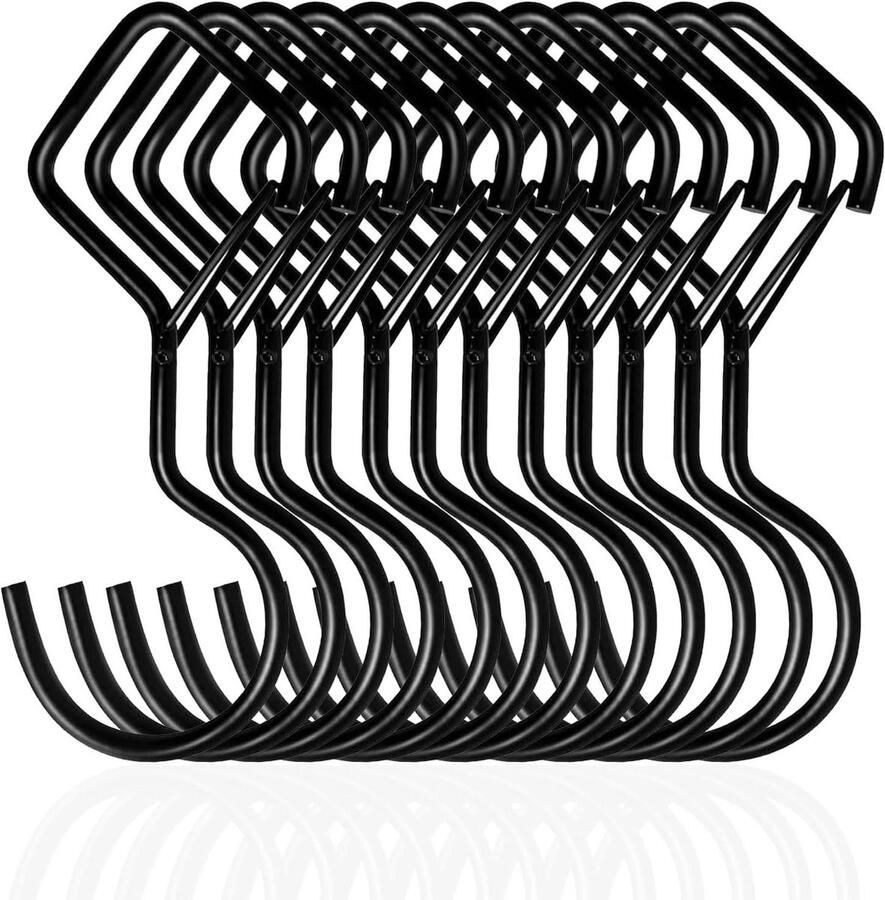 Allecto Plus S-haken zwart 12 stuks van roestvrij staal met zekering kledinghaken valbestendig plantenhaken multifunctioneel garderobe keuken badkamer tuin