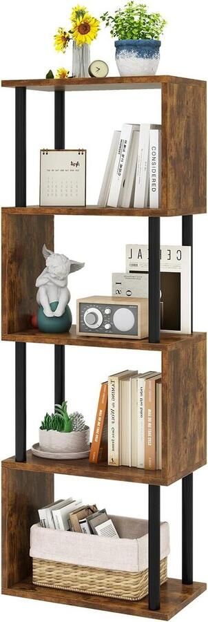 Allecto Plus Houten en Metalen Boekenkast 6-Lagens S-vormig Design voor Woonkamer en Thuiskantoor Rustiek Bruin