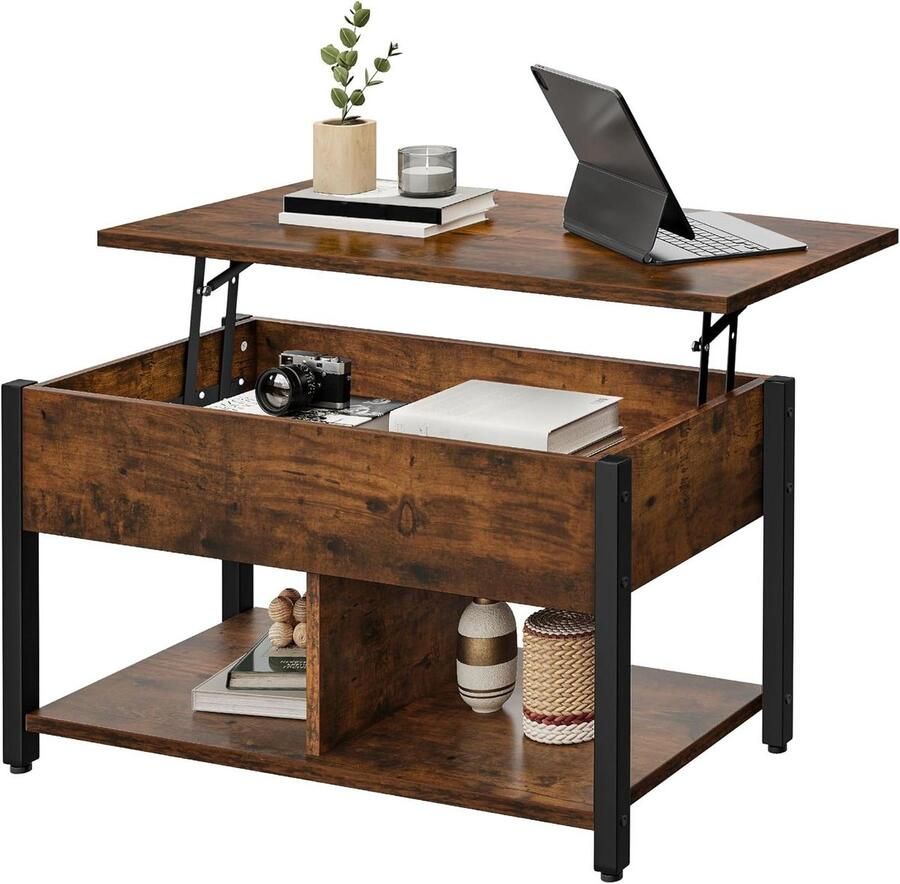 Allecto Plus Salontafel met lifttop en 2-laags opslag in hoogte verstelbaar Rustiek bruin Voor woonkamer en kantoor