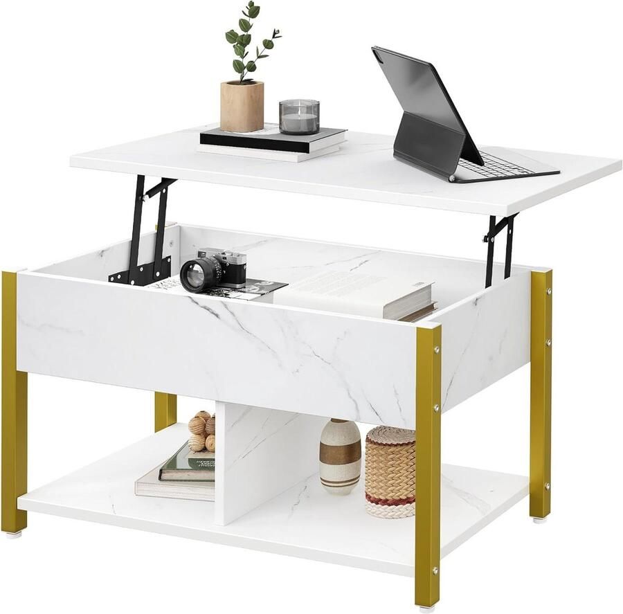 Allecto Plus Salontafel met lifttop en opslag Verstelbare hoogte Verborgen opbergvak Wit marmer Woonkamer kantoor Ruime opbergplank