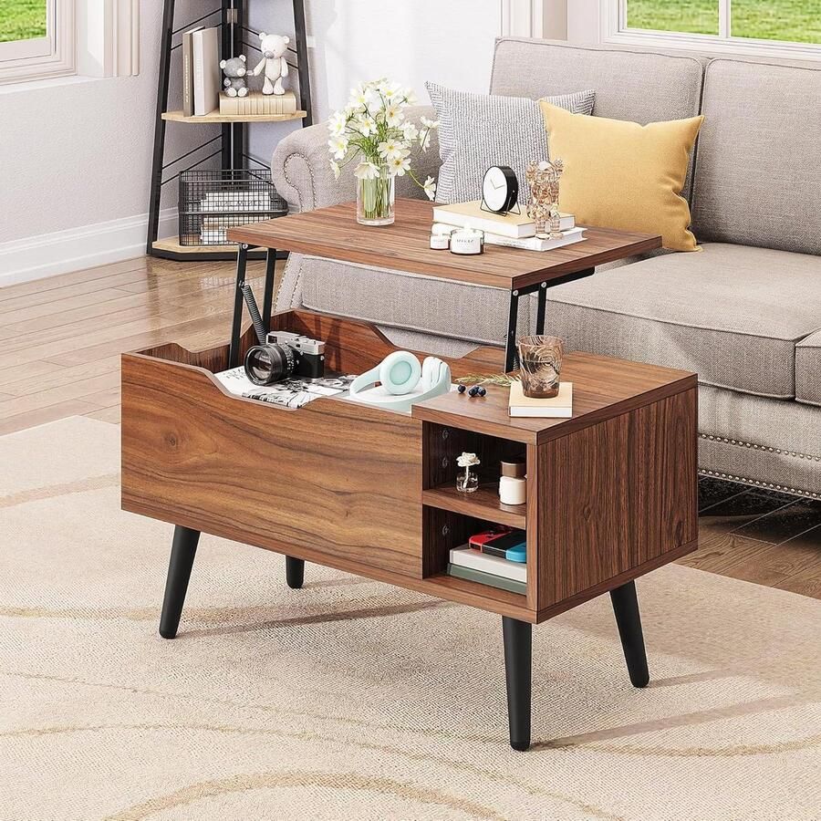 Allecto Plus Salontafel met lifttop en verborgen compartiment Verstelbaar opbergplank Veerlifter Salontafel met opbergruimte voor woonkamer 80 x 40 x 61 5 cm Rustiek eiken