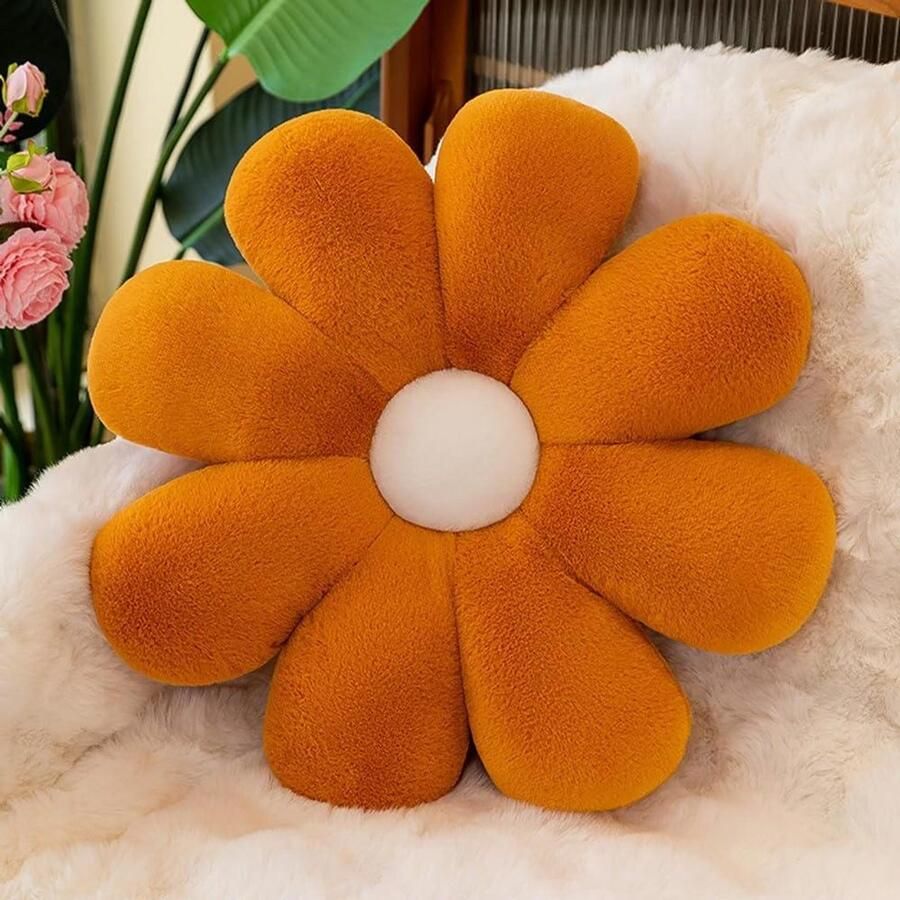 Allecto Plus Schattig Bloemkussen 50 cm voor Meisjeskamer Decoratie Sierkussen Zitkussen voor Bank Bed Stoel Bloemvormig Madeliefkussen in Bruin Trendy Woonaccessoire met Bloemenmotief