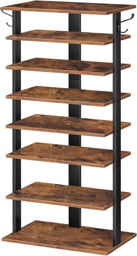 Allecto Plus Schoenenrek met 8 niveaus en 2 haken 50 x 28 x 113 cm Rustiek bruin schoenenkast voor 16 paar Gang Woonkamer Opslagrek Industrieel Design