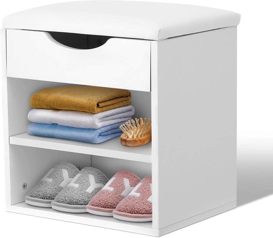 Allecto Plus Schoenenrek met Zitje en Ruimtebesparende Plank Houten Schoenenkast voor de Gang Witte Schoenenbank met Opbergruimte