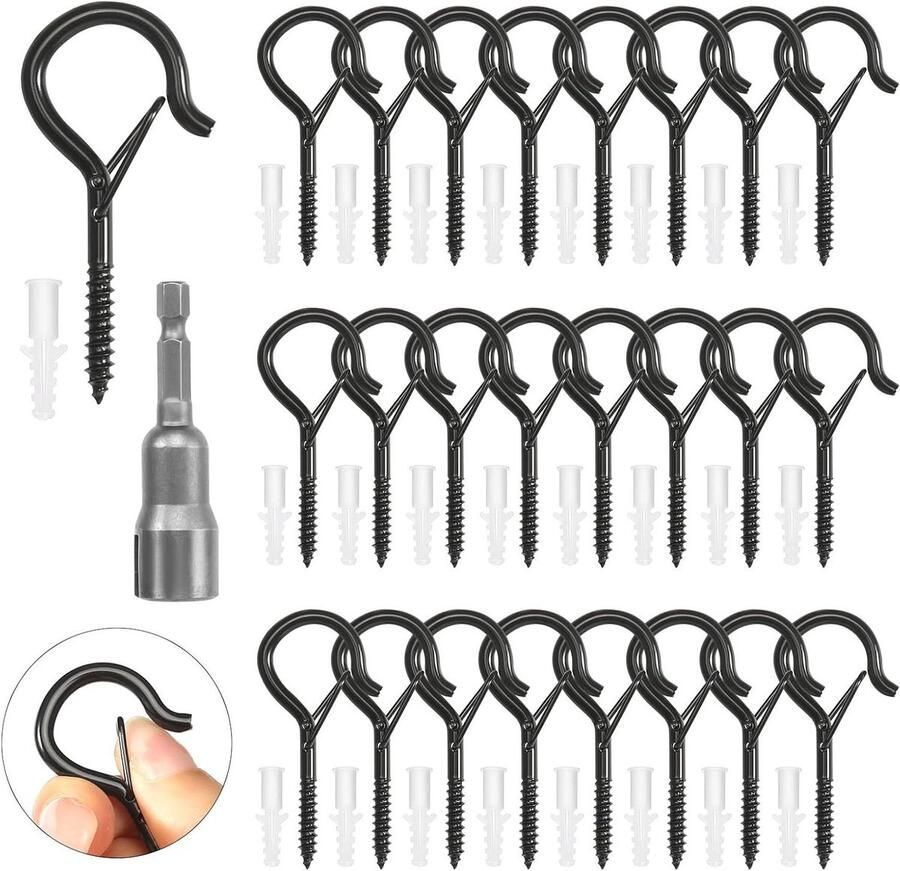 Allecto Plus Schroefhaken voor hangmatten en plantenmanden 25 stuks M4 haakschroeven van roestvrij staal met zekering geschikt voor ophangen lichtkettingen zwart multifunctioneel