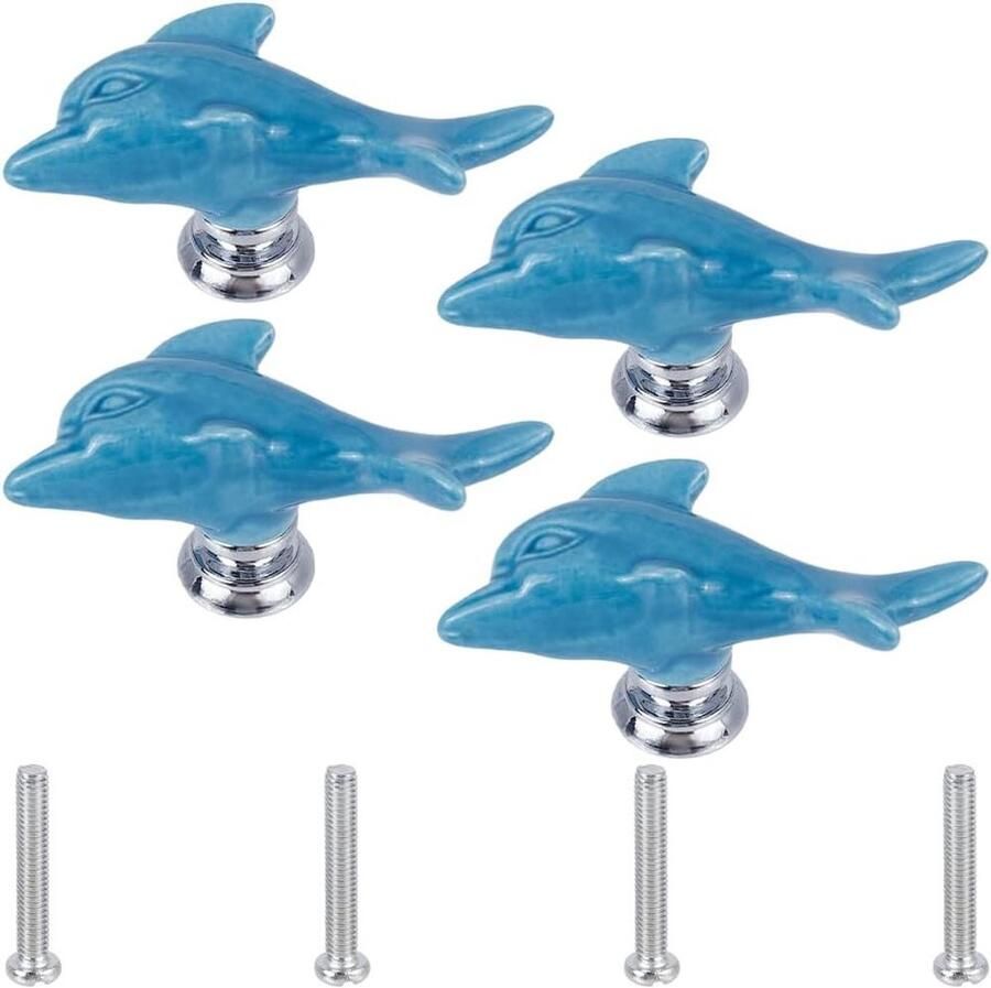 Allecto plus Set Keramische Kastknoppen Dolfijn Zee Oceaan Cartoon Blauw Handgemaakt Dressoir Knoppen Lade Handgrepen Met Schroef Set van 4