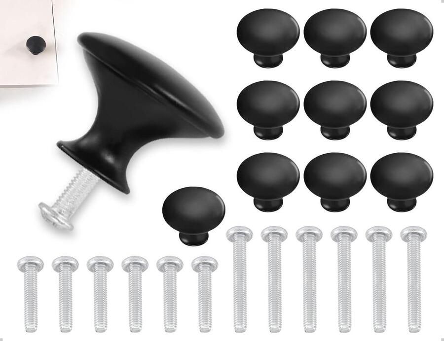 Allecto plus Set van 10 kastknoppen van roestvrij staal voor laden en deuren (zwart rond)