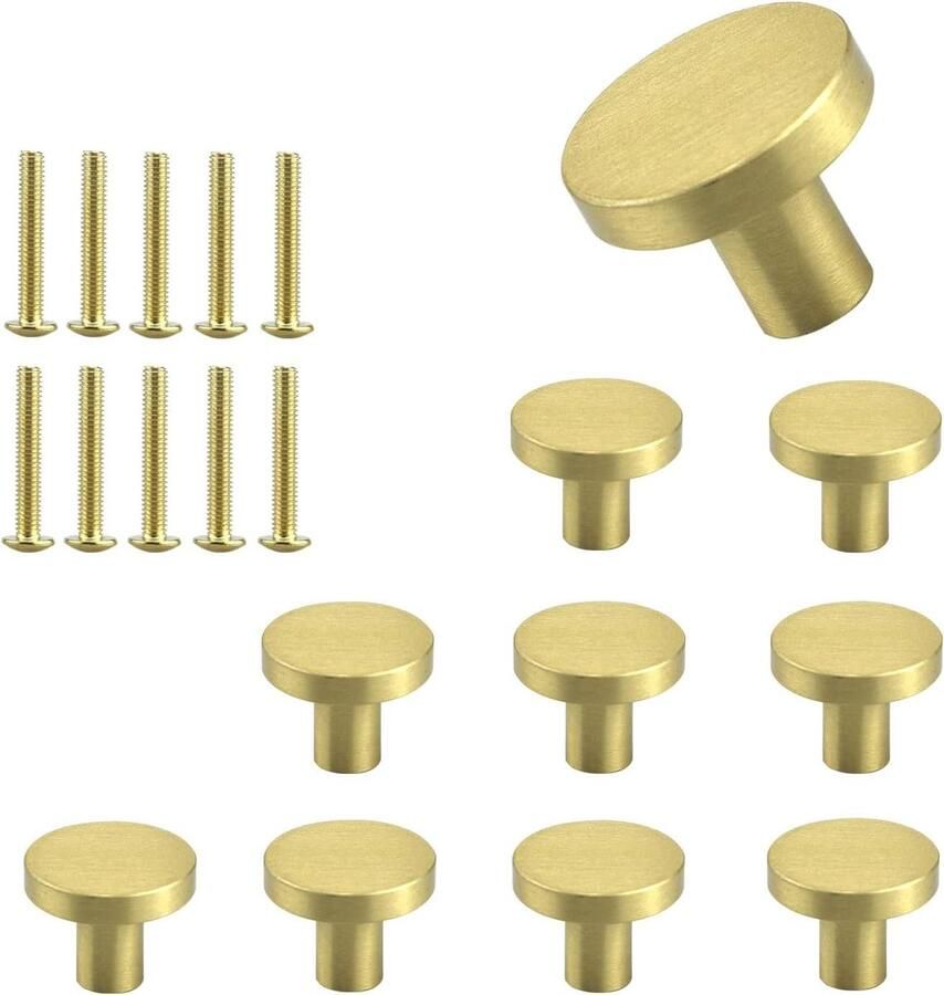 Allecto plus Set van 10 massief messing deurknoppen voor kasten en lades (goud)