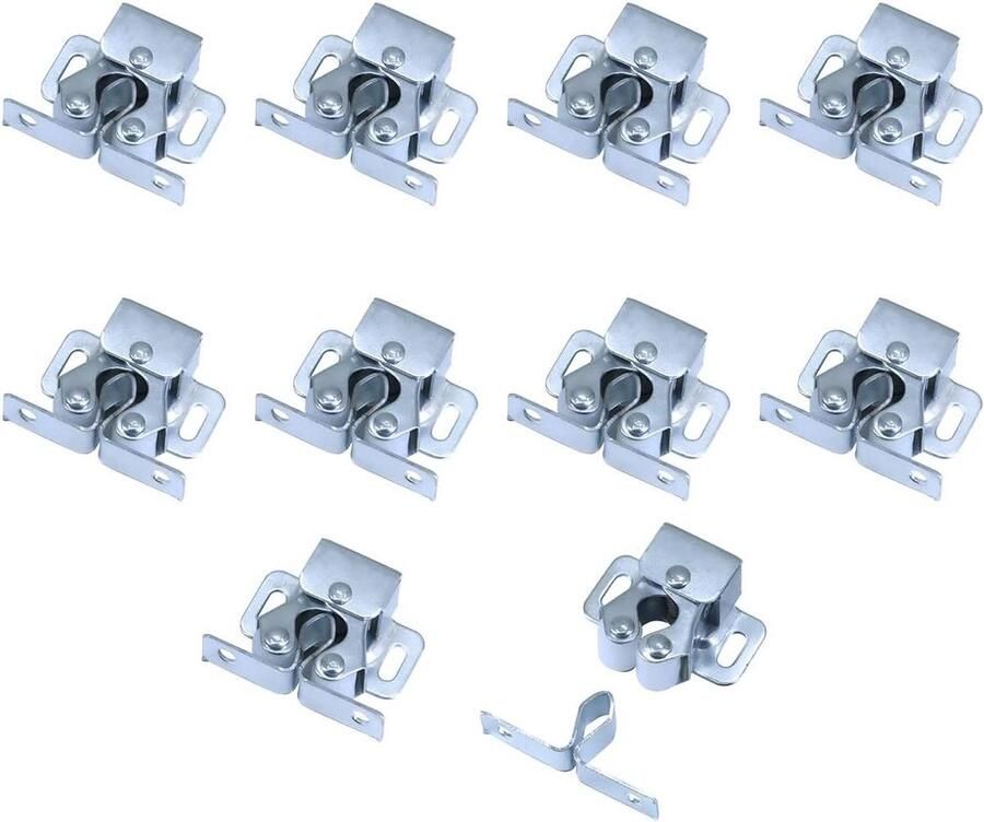 Allecto Plus Set van 10 meubelsnappers met dubbele rol-deursloten en schroeven voor kledingkast en commode Zilverkleurig Veilige oplossing