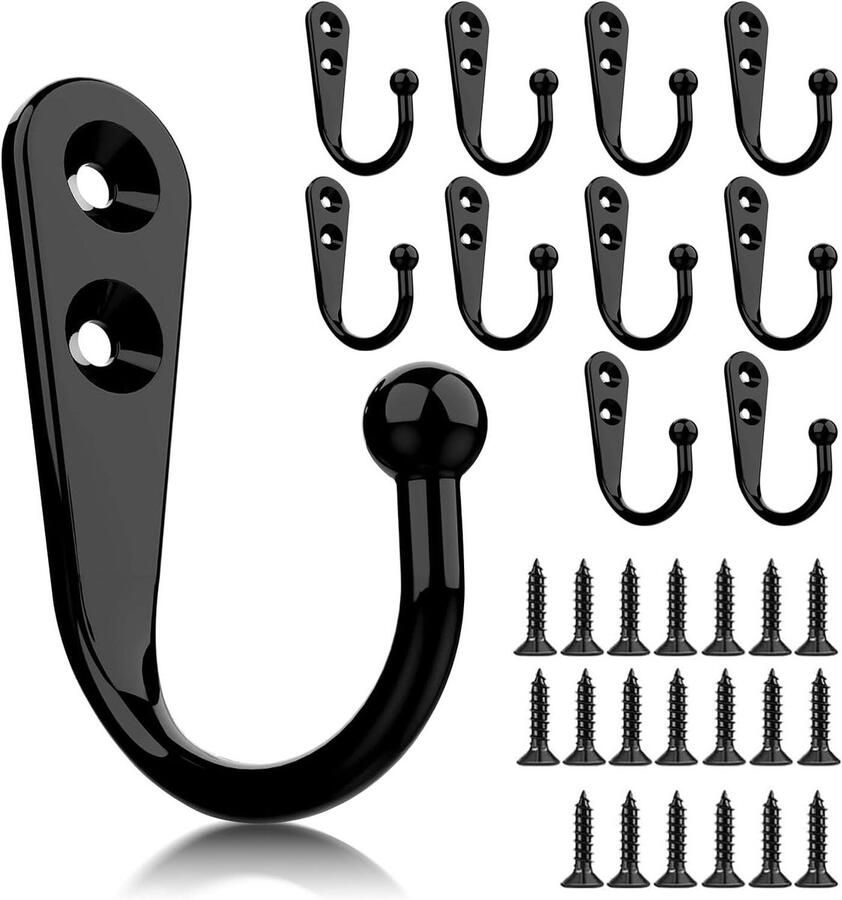 Allecto plus Set van 10 zwarte kledinghaken met schroeven voor garderobe badkamer keuken Metalen jashaken en hoedhaken voor deur en gang Robuuste wandhaken met bevestigingsmateriaal