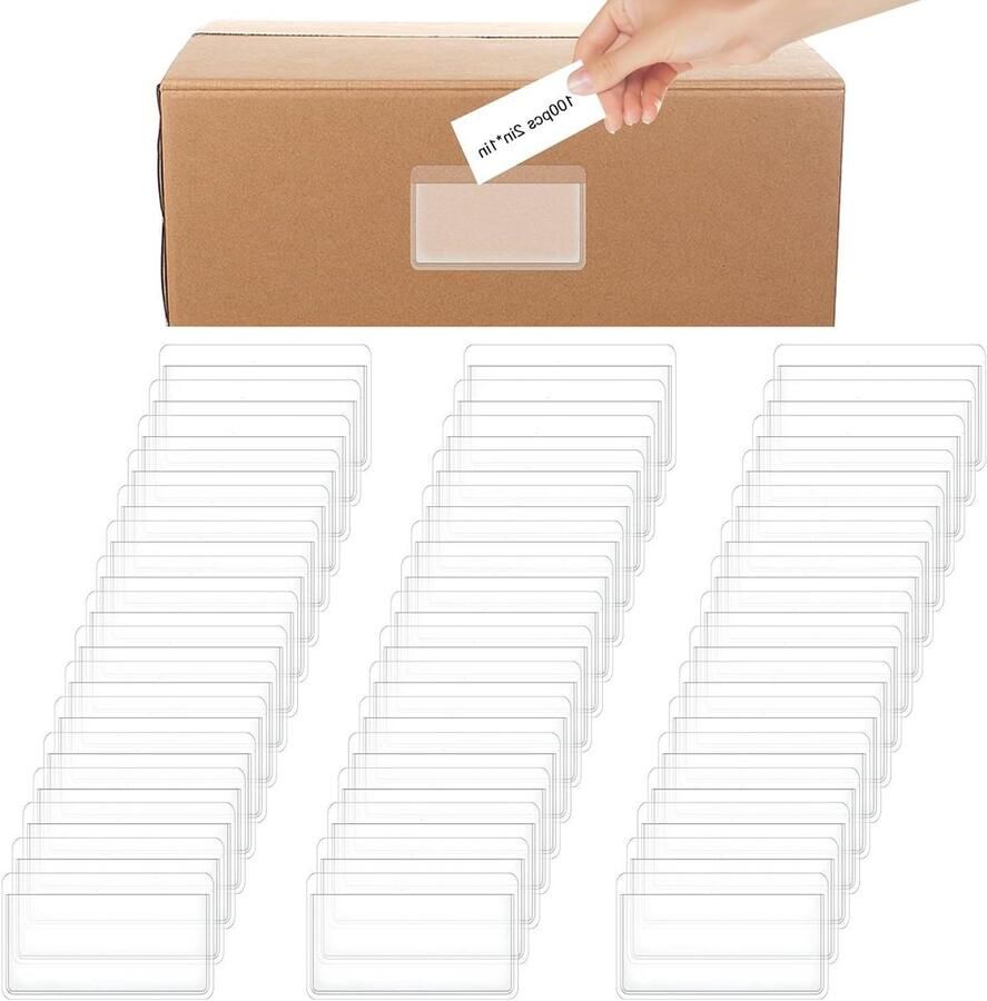 Allecto Plus Set van 100 transparante etikettenhouders voor organizers en kasten Zelfklevend en van kunststof Prijshouders met kleeftassen Opbergdozen geschikt