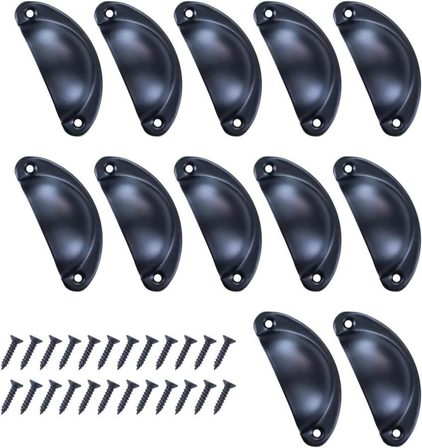 Allecto Plus: Set van 12 antieke schelpgrepen vintage brons kastgrepen meubelgreep halve cirkel keuken kast laden apothekerskast zwart inclusief schroeven
