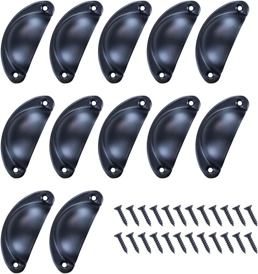 Set van 12 antieke schelpgrepen vintage brons kastgrepen meubelgreep halve cirkel met schroeven voor keuken kast laden apothekerskast zwart interieurdecoratie