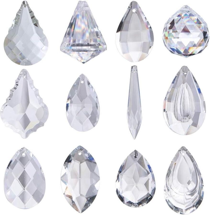 Allecto Plus Kristallen kroonluchters set van 12 lamp verlichting druppels hangers glazen bal prisma's woondecoratie venster zonnevanger