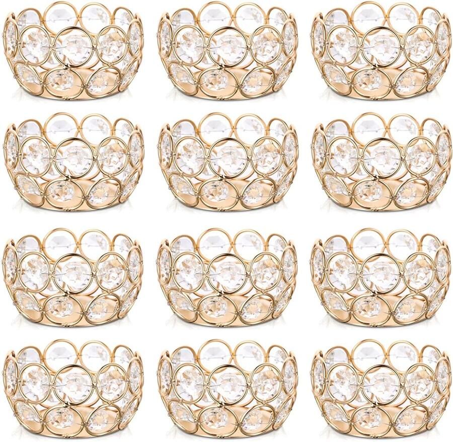Allecto plus Set van 12 Kristallen Theelichtkaarshouders Feestelijke Decoratie voor Bruiloft Verjaardag Kerstfeest Gouden Rand Tafel Middelpunt