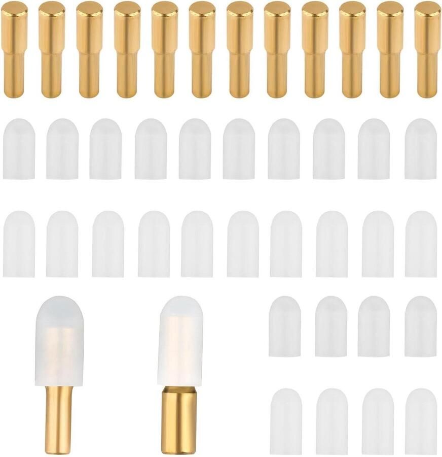 Allecto plus Set van 12 Messing Plankpennen met Antislip Siliconen Hoezen voor Boekenkast en Glazen Planken