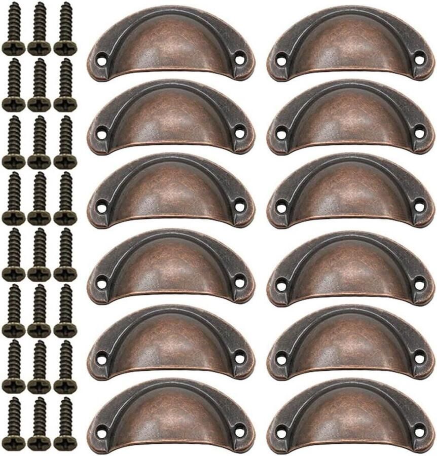 Allecto Plus Set van 12 Shell Cup Handgrepen Vintage Halve Maan Trekgrepen Antiek Bronzen Meubelknoppen Voor Kast Dressoir Kledingkast Inclusief Schroeven Rood Brons