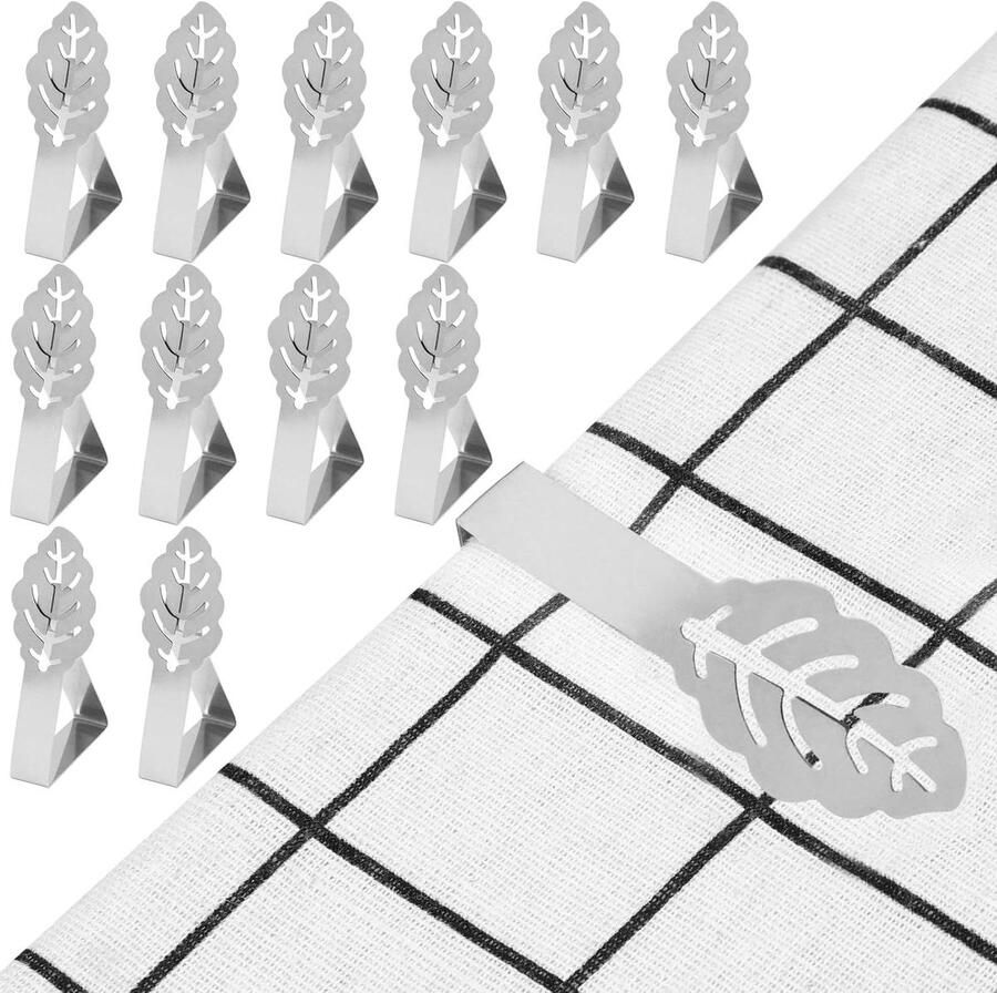 Allecto plus Set van 12 tafelkleedklemmen voor dikke tafels Zilveren clips van roestvrij staal Zelfstellende veilige bevestiging voor tuintafel familie- of eettafel Ideaal voor buiten Tafelkleedclips