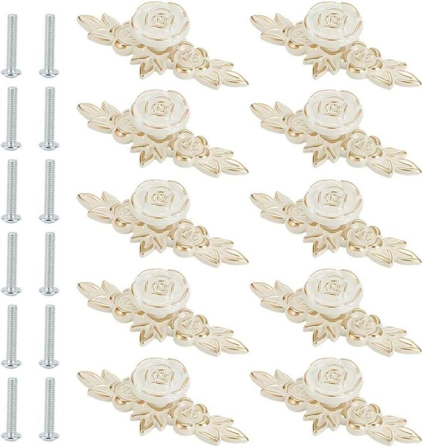 Allecto plus Set van 12 Vintage Ladegrepen met RosenFlowern Motief in Wit Decoratieve Ladeknoppen voor Commodes en Kledingkasten Afmetingen 10 x 4 cm