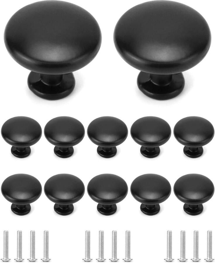 Allecto plus 12 Stuks Zwart 30mm Deurknoppen Meubelknoppen Set voor Kast Lade Dressoir