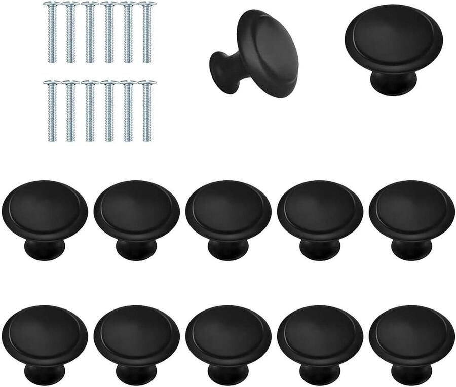 Allecto Plus Set van 12 zwarte meubelknoppen met paddenstoelvorm en schroeven voor keukenkasten en dressoirs
