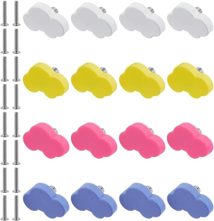 Allecto plus Set van 16 kunststof cartoon knoppen in 4 kleuren wolkvormige laden- en deurgrepen Accessoires voor kasten en commodes
