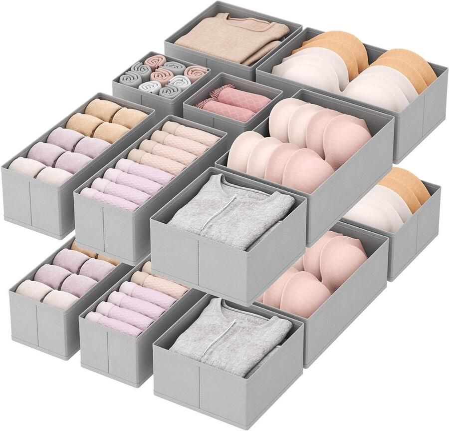 Allecto Plus Set van 16 opvouwbare lade-organizers voor kledingopbergdoos Stoffen ladescheider voor ondergoedopslag Kledingkastopbergmand voor sokken stropdassen riemen Grijs Organisatie en opbergen in stijl