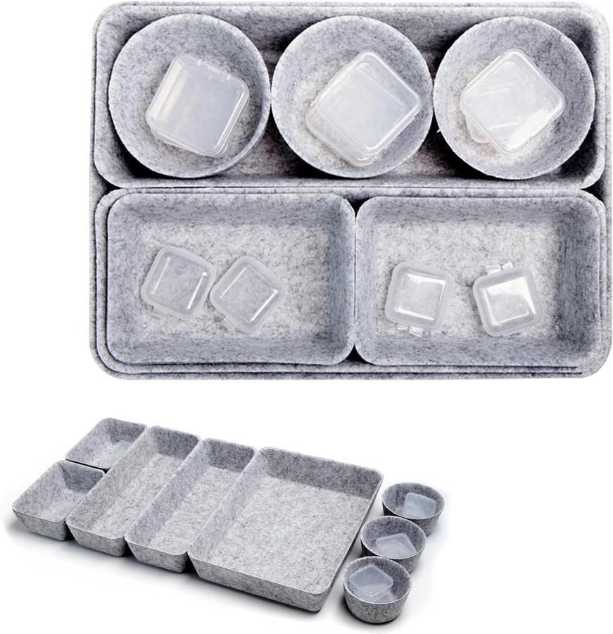 Allecto Plus Set van 18 vilten lade-organizers stapelbaar Opbergboxen voor ladekast Lade organizer voor kantoor en badkamer Make-up organizer Lichtgrijs