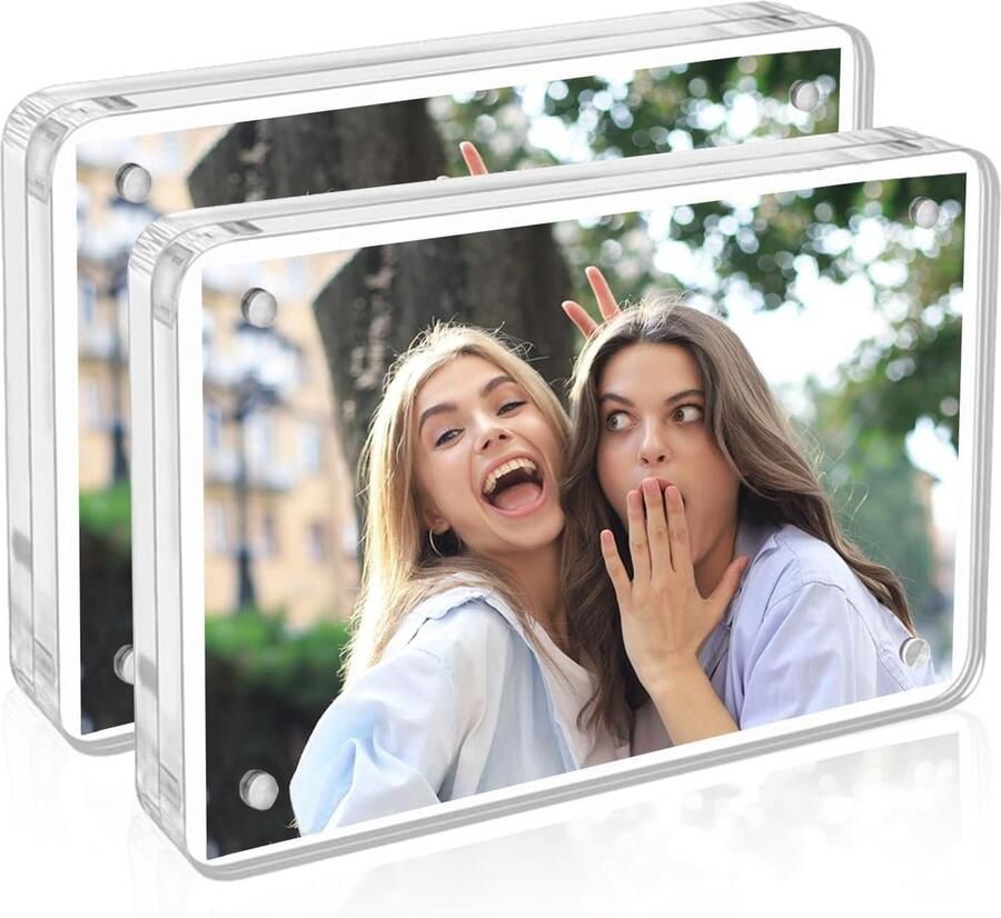 Allecto plus Set van 2 acryl fotolijsten 10 x 15 cm Helder glas Dubbelzijdig magnetisch Frameloos Dikke standaard Bureau of tafel Fotolijst 10 + 10 mm influenserende standbeeld