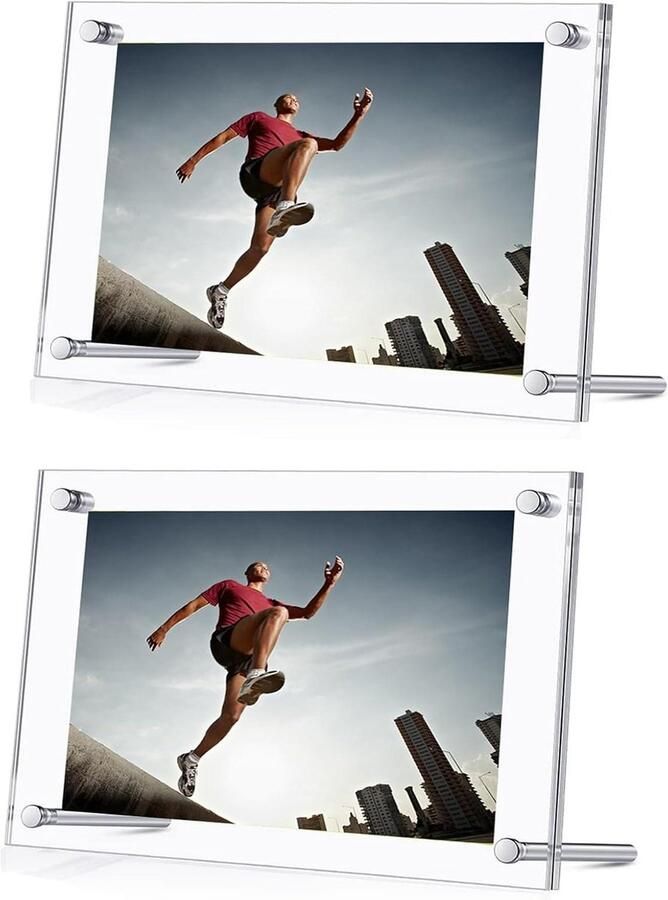 Allecto Plus Set van 2 acryl fotolijsten voor A4 foto's Dubbelzijdig Transparant Frameloos Voor bureau thuis en kantoor