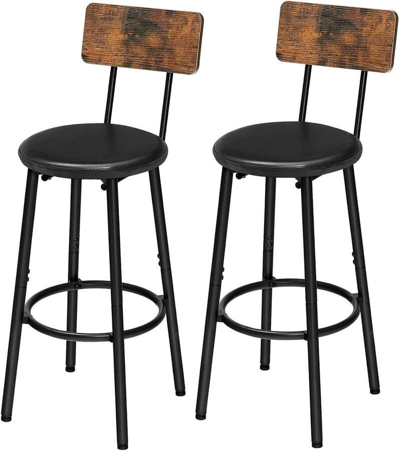 Allecto Plus Set van 2 barkrukken met rugleuning en PU-lederen bekleding Keukenstoelen met voetensteun voor woonkamer en bar Eenvoudige montage Vintage design Bruin en zwart Barkrukkenzoekwoorden Barstoelen met rugleuning