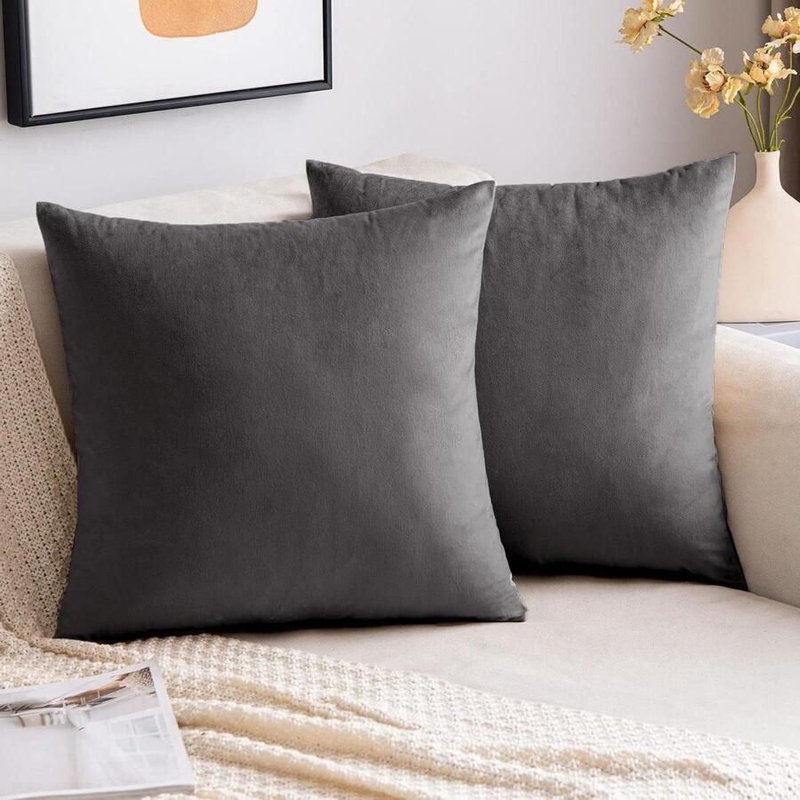 Allecto Plus Set van 2 fluweel kussenslopen in houtskoolkleurig Decoratief 50 x 50 cm Woonkamer Bank Slaapkamer Luxe uitstraling