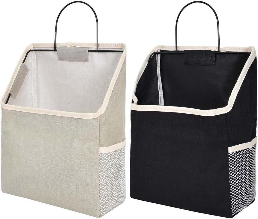 Allecto Plus Set van 2 grijze en zwarte hangtassen voor wandopbergtas Opbergmand met haken voor badkamer en keuken Geschikt voor deur en camper Ruimtebesparend en stijlvol