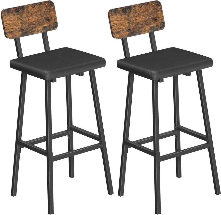 Allecto Plus Set van 2 hoge barstoelen met PU bekleding voor keuken en bar Rustiek bruin en zwart met rugleuning Engelse stijl