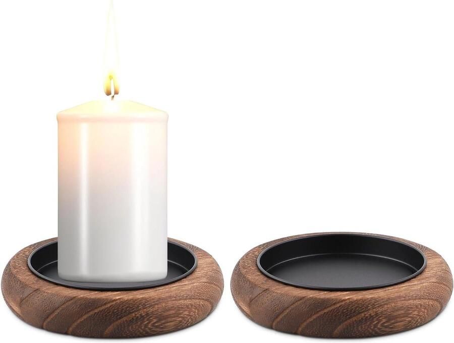 Allecto plus Set van 2 Houten Kaarsenhouders voor het Middelpunt op Tafel Decoratieve Kaarsenstandaard in Hout met Lade Rond Plankje voor Pijlerkaarsen