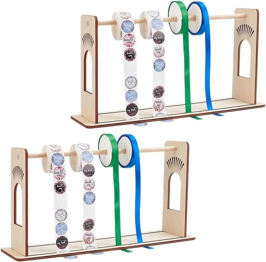 Allecto Plus Set van 2 houten stickerlabelrolhouders verstelbaar en georganiseerd – tapehouder voor thuiskantoor school en bibliotheek – 39 x 11 5 x 21 cm