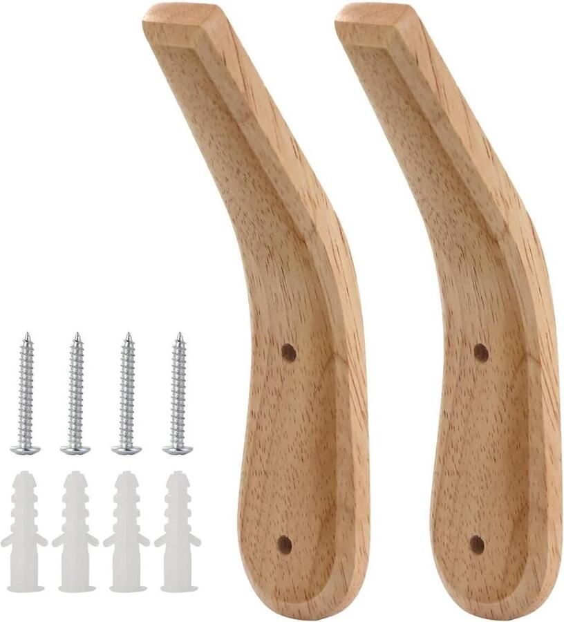 Allecto plus Set van 2 houten wandhaken voor muurmontage Natuurlijk beukenhout Kapstokhaken voor jas hoed en handdoek Organizer voor ingang keuken en woonkamer