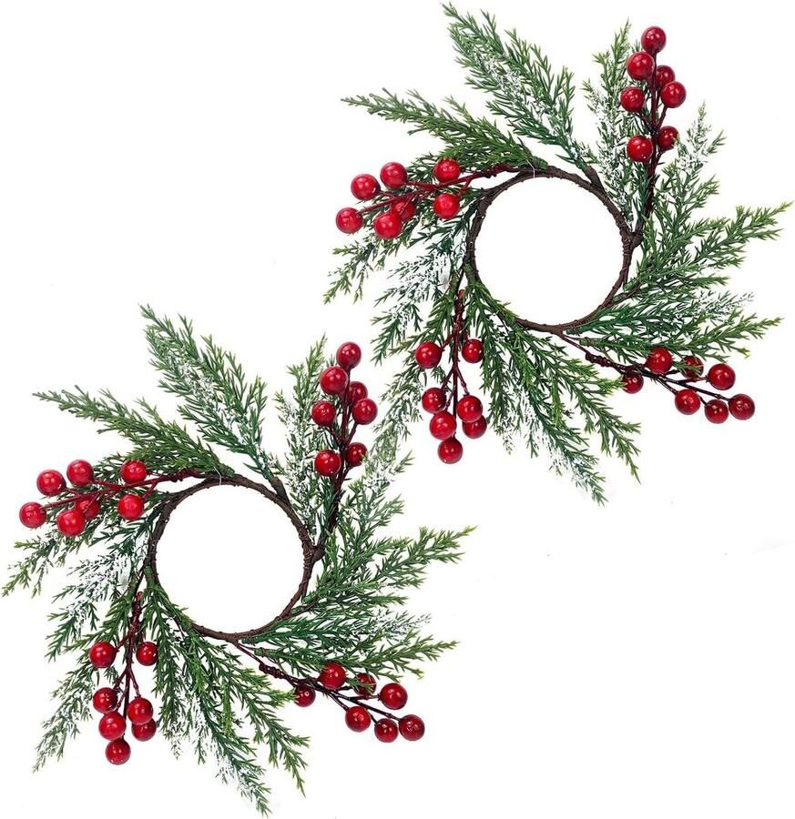 Allecto Plus Set van 2 kerstkaarsringen met bessen en dennentak Kerstmis tafel decoratie Rustieke bruiloft en seizoensdecoratie Rode mini-kransen