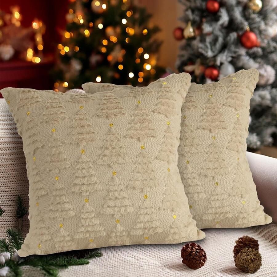 Allecto Plus Set van 2 Kerstkussenhoezen 45 x 45cm Fluwelen Decoratieve Kussenhoezen Winter Kussenhoes Thuis Woonkamer Slaapkamer Bank Bed Kerstdecoratie Ster Kerstboom Beige