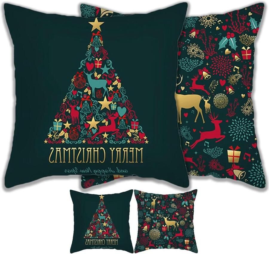 Allecto Plus Set van 2 kerstkussenslopen 45 x 45 cm Groene katoen linnen decoratieve kerst kussensloop Kerstdecoratie cover voor bank Kerstmis sierkussens